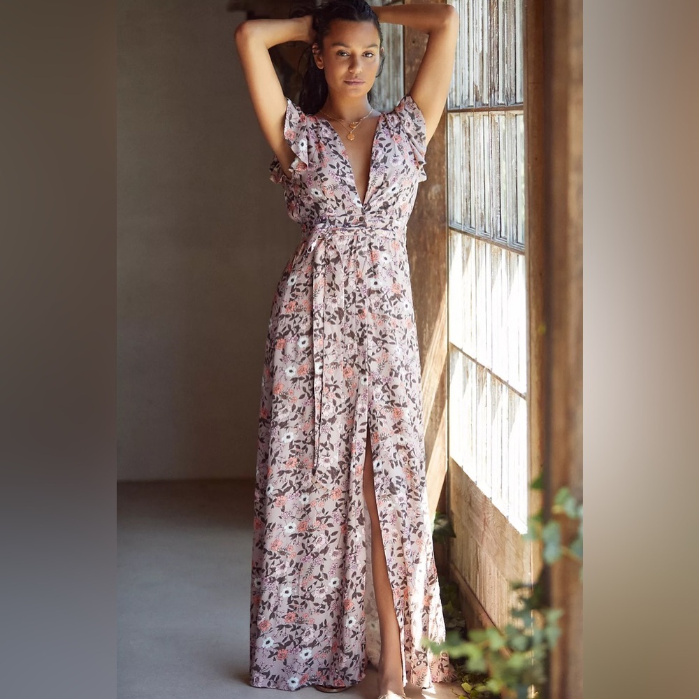 Maaji Ruffled Floral Cover-Up Maxi Dress in Mauve/Pink